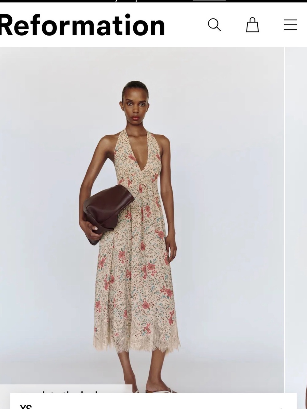 Reformation Floral Halter Midi Dress in Ivory with Pink Floral